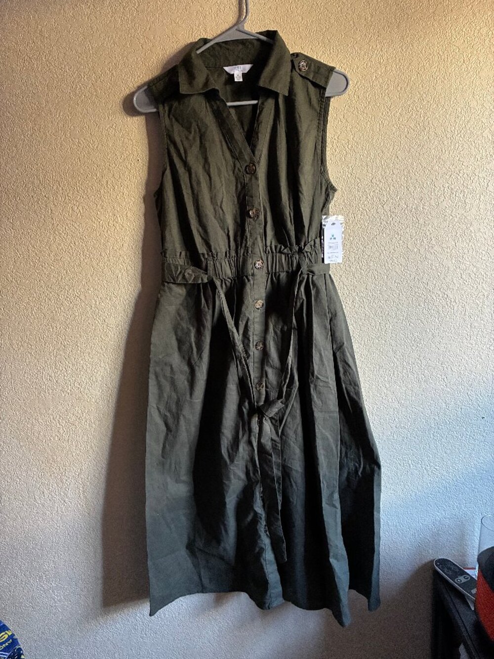 Time and Tru Olive Green Utility Shirt Dress Belted Sleeveless Button Front Belt